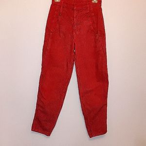 Lee red jeans with black stripes.